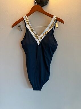 David Est 1952 Navy Blue‎ Nautical Rope Print One Piece Swimsuit US 10 IT 44